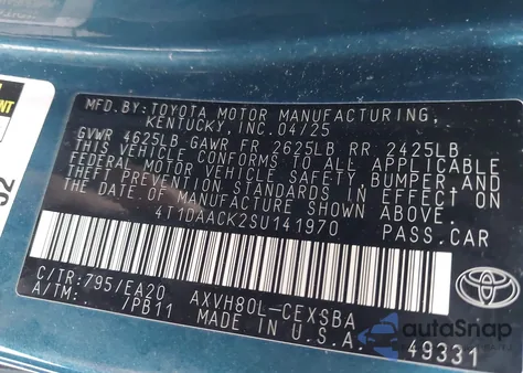 2025 Toyota Camry Se from USA, damaged, VIN 4T1DAACK2SU141970